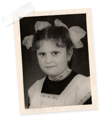 Young Angela Grabovsky in black and white